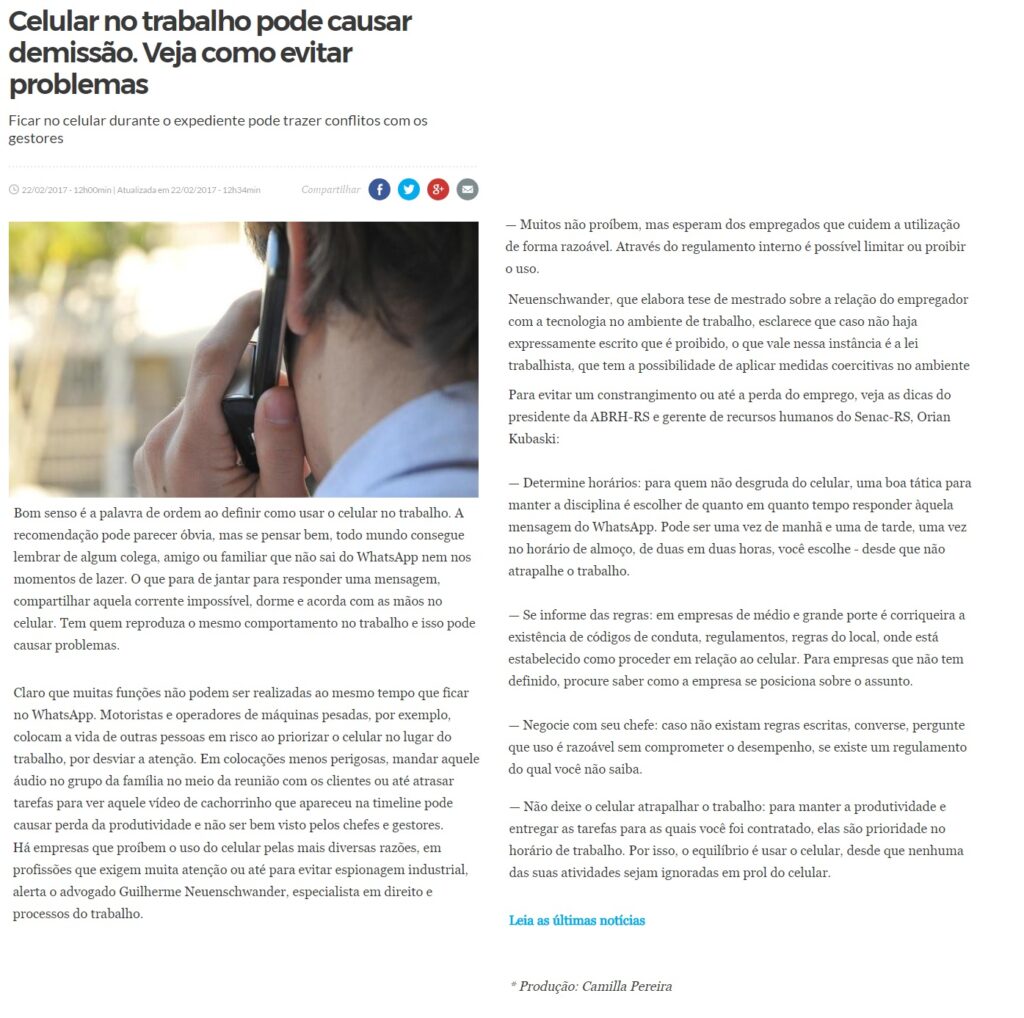 Matéria de jornal sobre uso de celular no trabalho